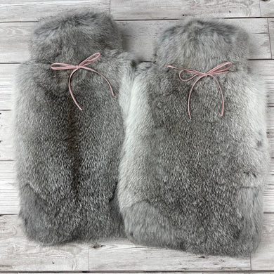Duo of Luxury Grey Rabbit Fur Hot Water Bottle with pink ribbon. - The Fur Hot Water Bottle Company