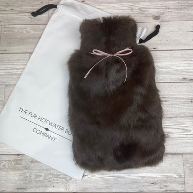 Large Brown Rabbit Fur Hot Water Bottle with Pink Ribbon - The Fur Hot Water Bottle Company