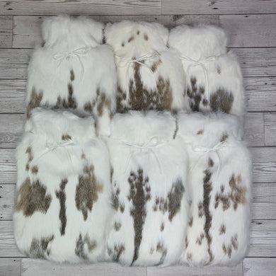 Set of 6 Brown and White Luxury Rabbit Fur Hot Water Bottles - #306 - The Fur Hot Water Bottle Company