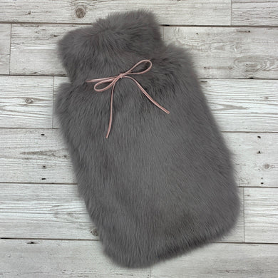 Luxury Grey Rabbit Fur Hot Water Bottle with Pink Ribbon - Large - The Fur Hot Water Bottle Company