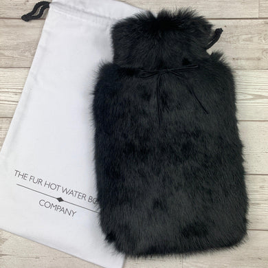 Black Luxury Rabbit Fur Hot Water Bottle - Large - The Ultimate Gift - The Fur Hot Water Bottle Company