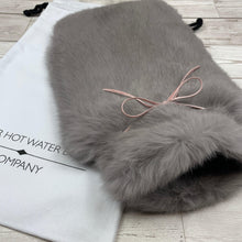 Luxury Grey Rabbit Fur Hot Water Bottle with Pink Ribbon - Large - The Fur Hot Water Bottle Company